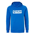 blaues Sweatshirt mit Kapuze und weißer Beschriftung auf der Brust, Vorderansicht