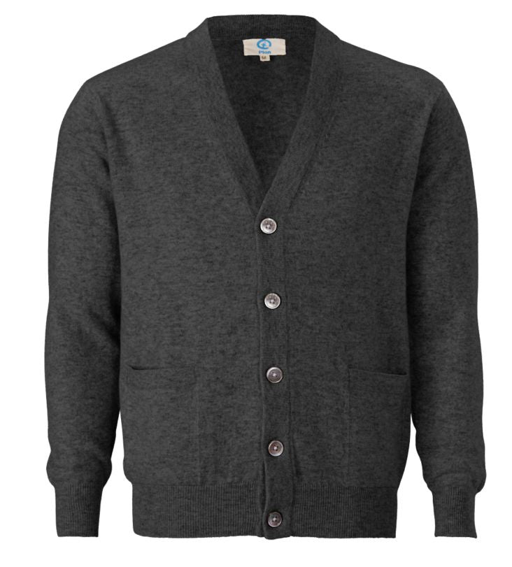 dunkelgraue Kaschmir Strickjacke mit Seitentaschen, zugeknöpft