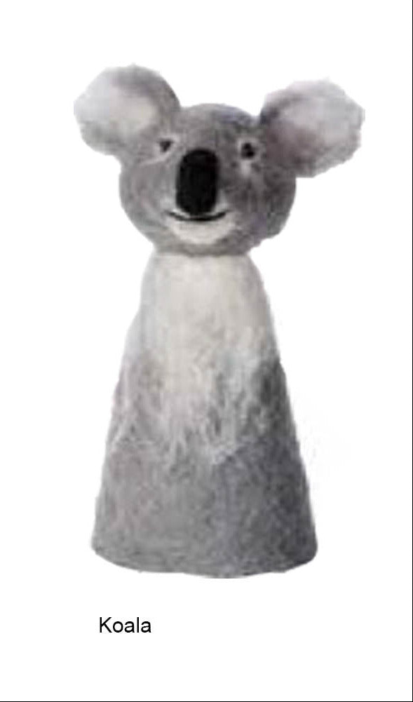 Filzeierwärmer Motiv Alpaka in weiß und Koala Bär in grau.