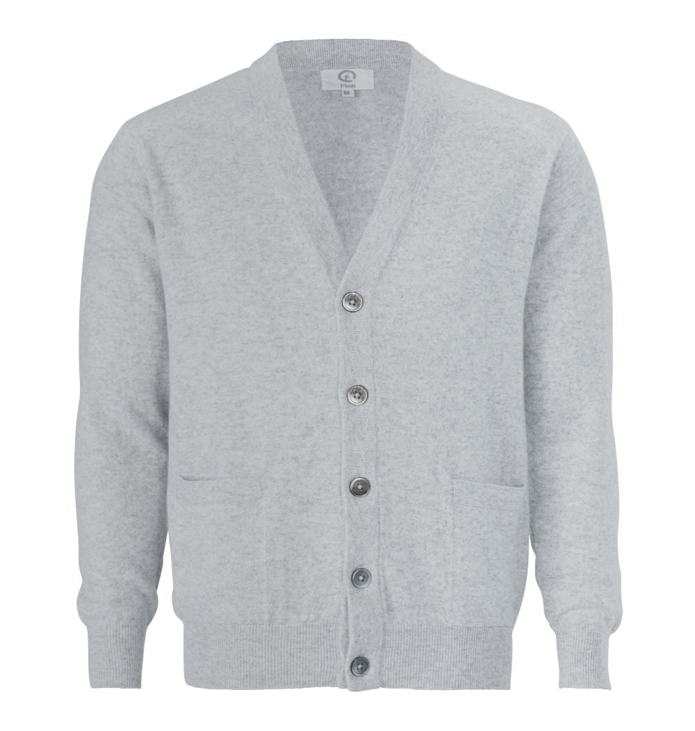 Graue langärmelige Strickjacke mit V-Ausschnitt und eingearbeiteten Taschen. Knopfleiste mit fünf Perlmuttknöpfen.