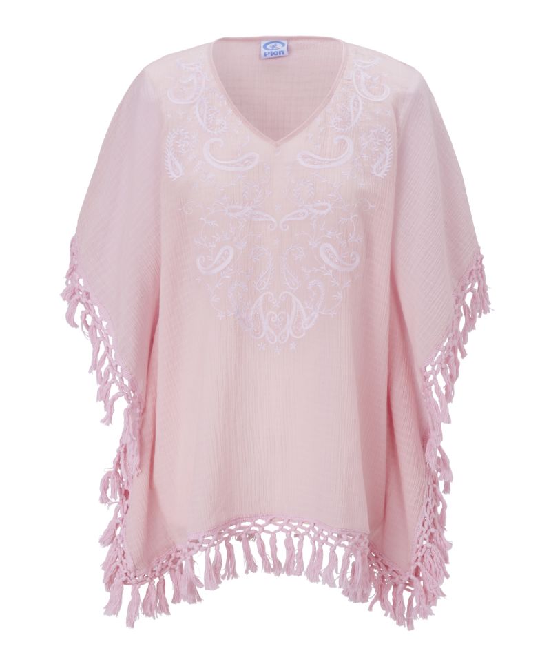 Tunika in rosa. Der Halsausschnitt ist V-förmig, vorne mit Stickerei Ton in Ton. An den Rändern sind geknüpfte Fransen.