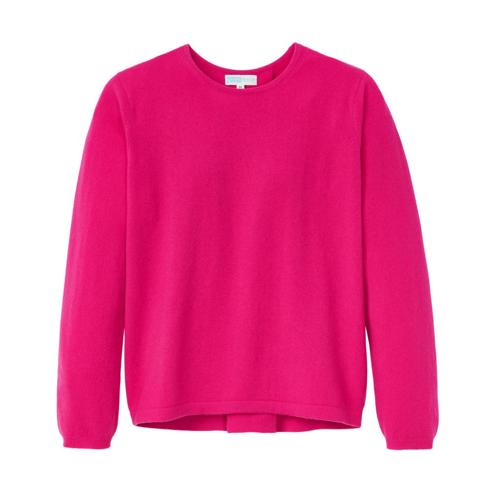 Vorderansicht des Kaschmirpullovers in fuchsia.