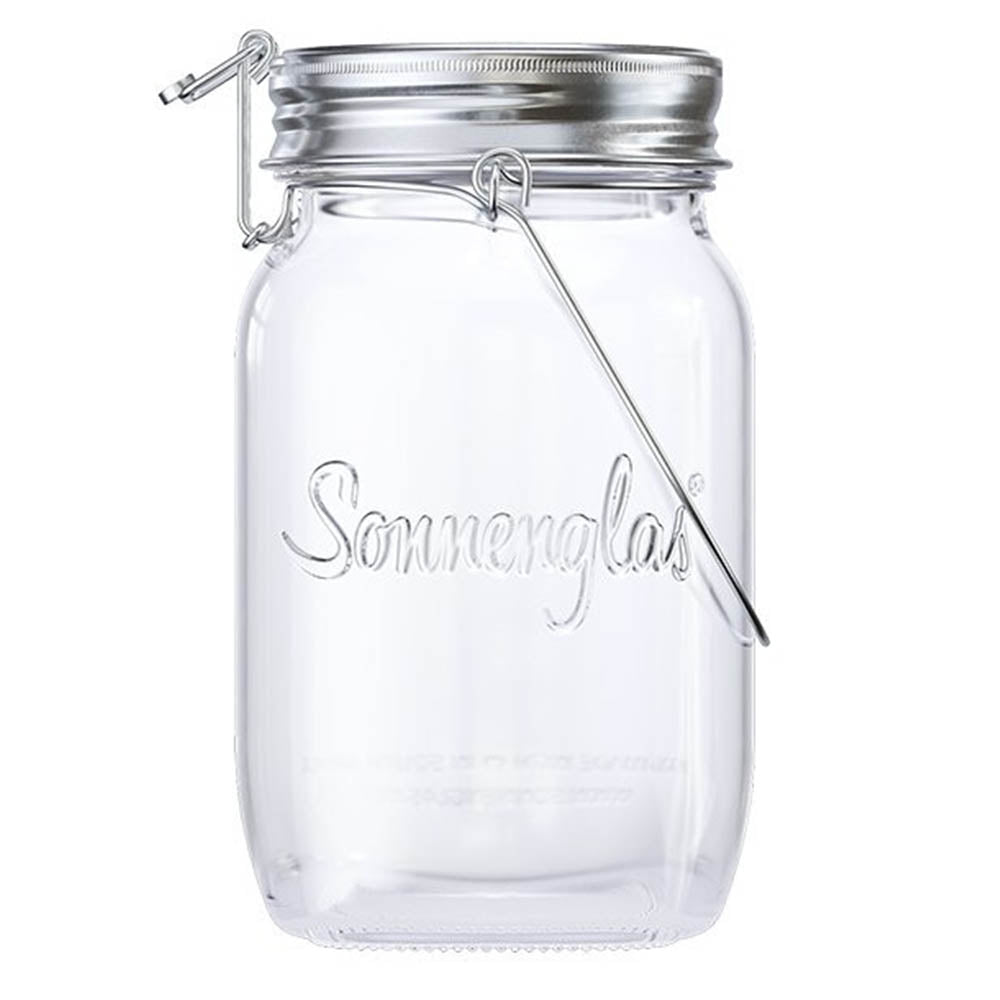 Einmachglas mit silbernen Verschluss/Deckel sowie der Aufschrift "Sonnenglas"