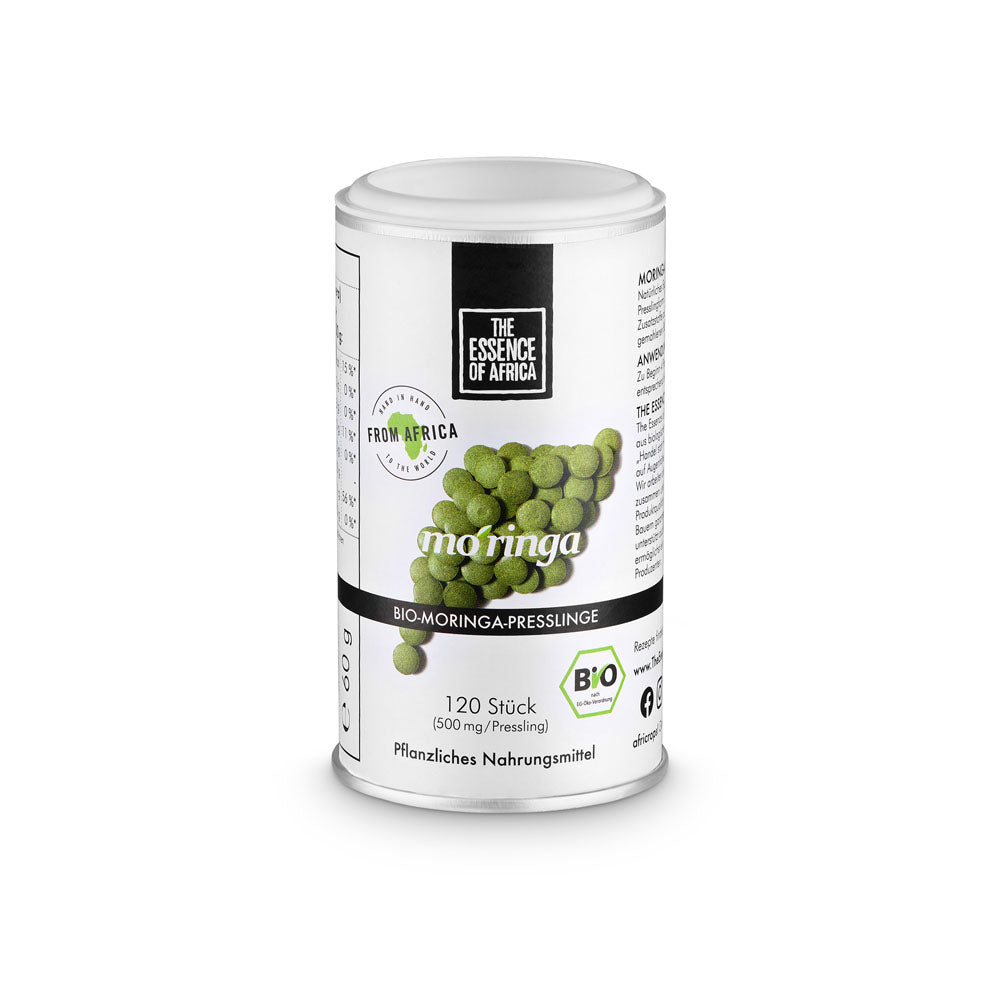 weiße Dose mit Aufschrift und Deckel, mittig ein Foto von Moringa Presslingen