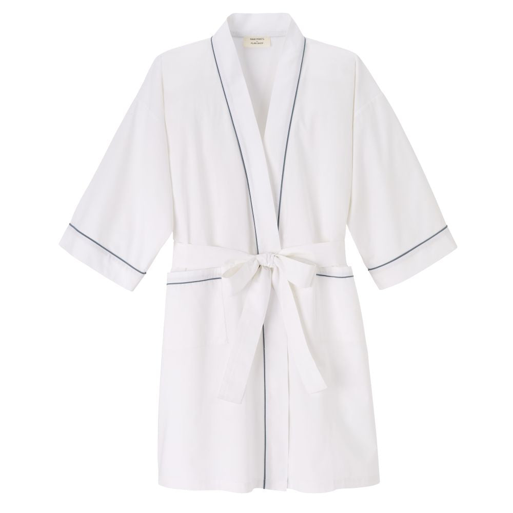 White kimono with contrasting blue stitching and tie belt