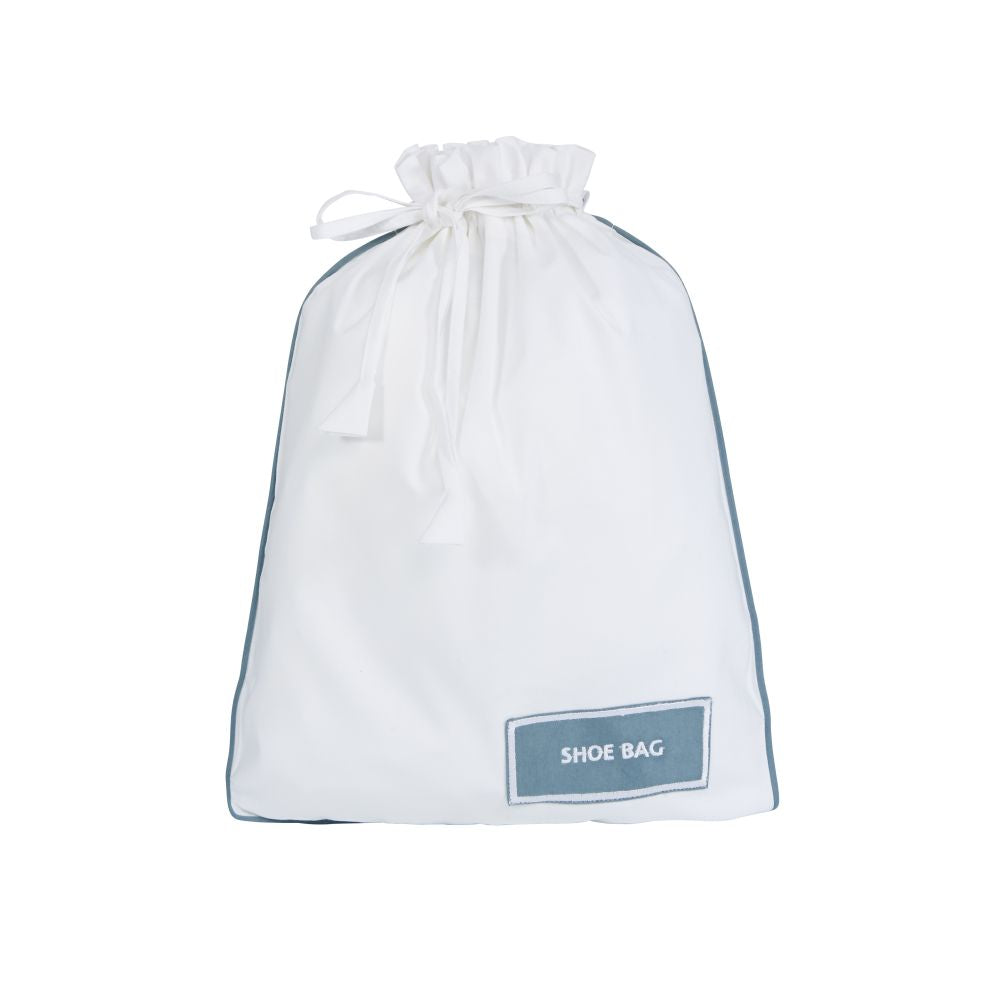 two shoe bags with drawstring, left in grey with white labelled patch, right in white with light blue labelled patch