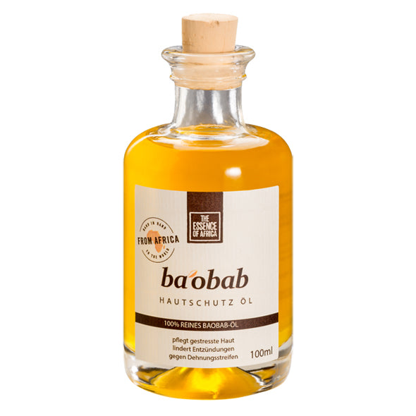 Bottle of baobab care oil with cork stopper