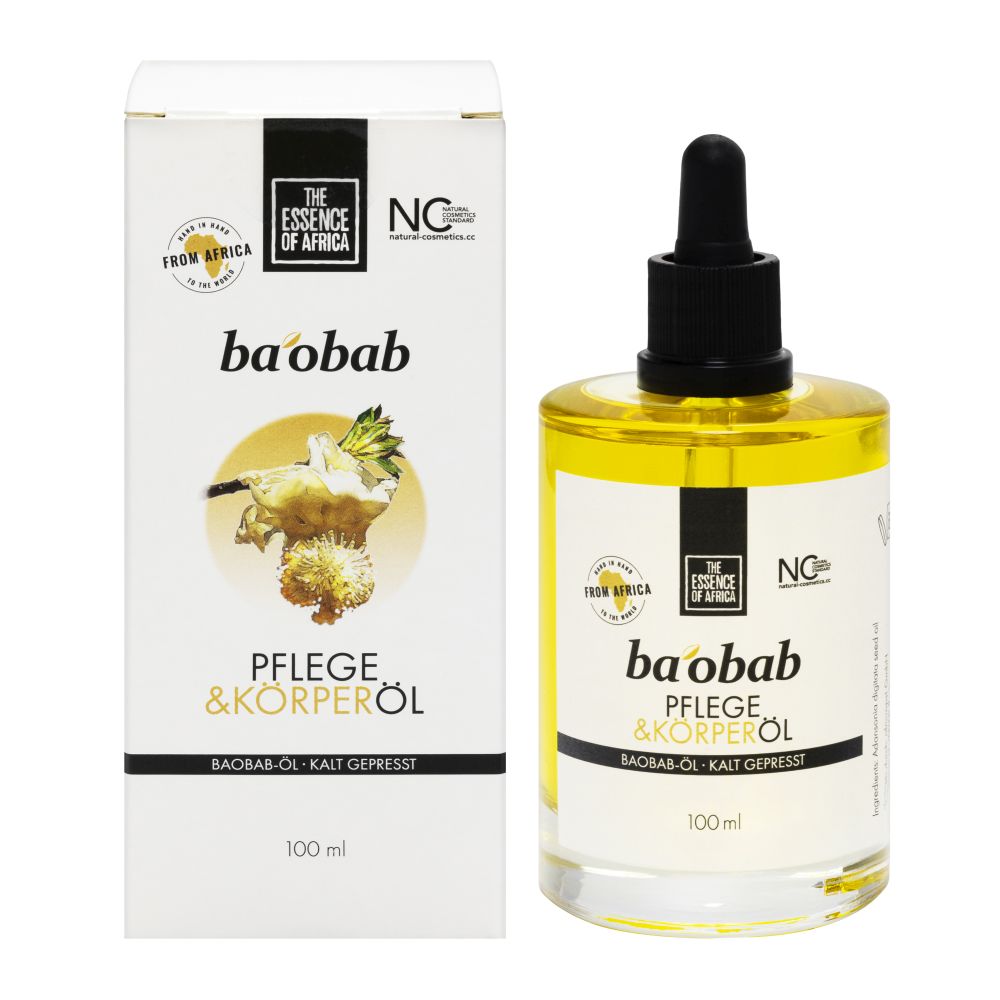 left packaging with a photo of a baobab flower, right a bottle of baobab care oil with black cap