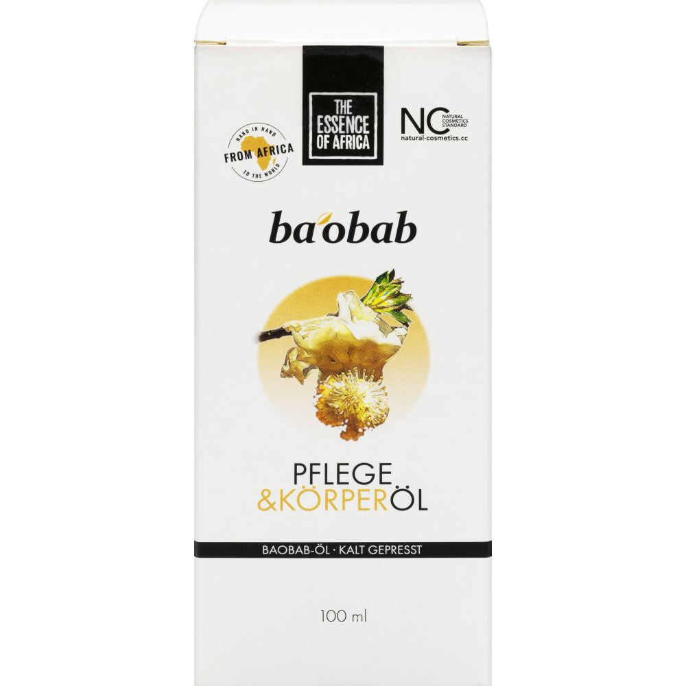White packaging with lettering, in the centre a photo of a baobab blossom