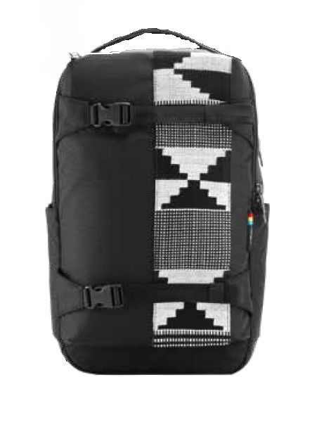 backpack in black with two closed straps, black and grey pattern on the right side of the backpack