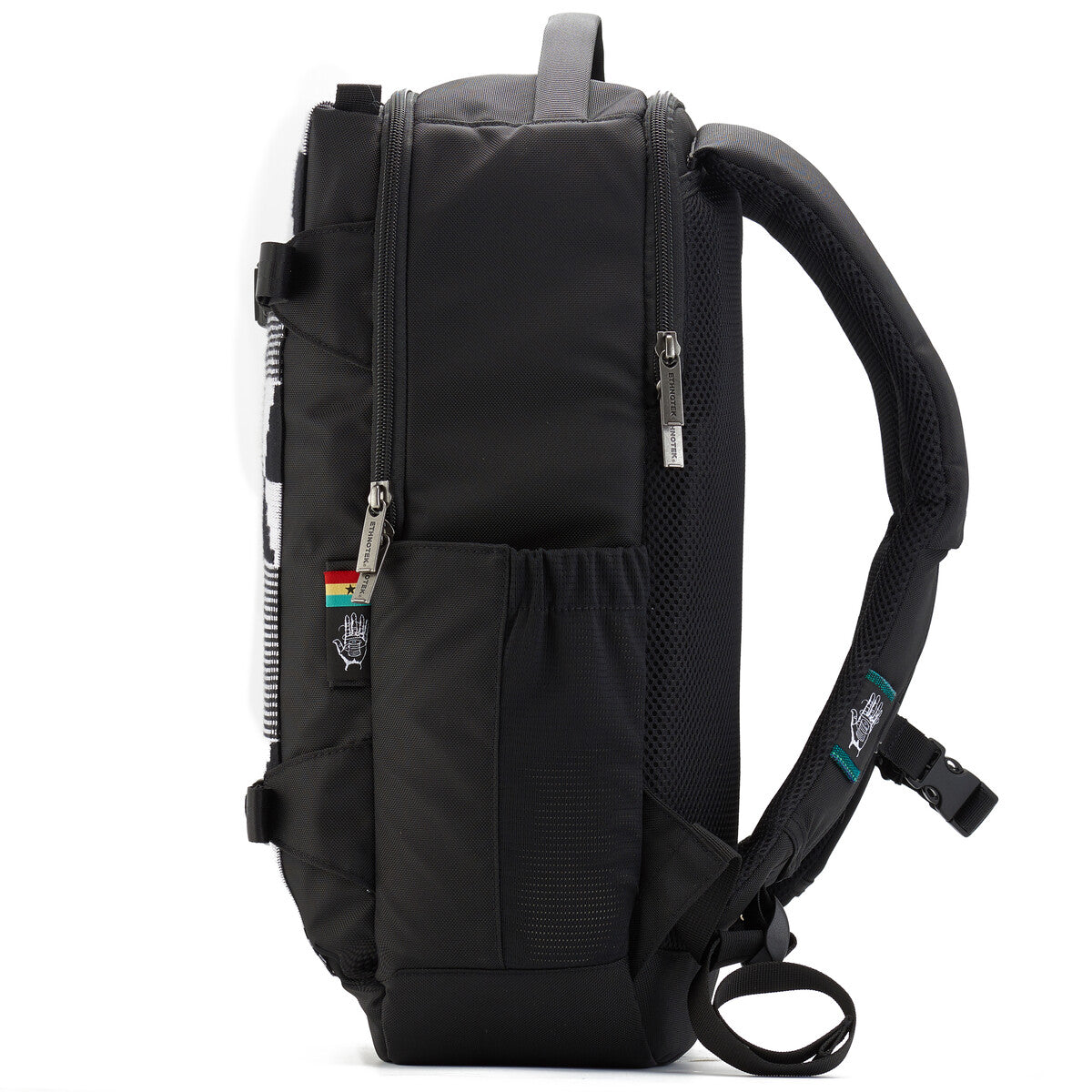 Black backpack with zips in side view