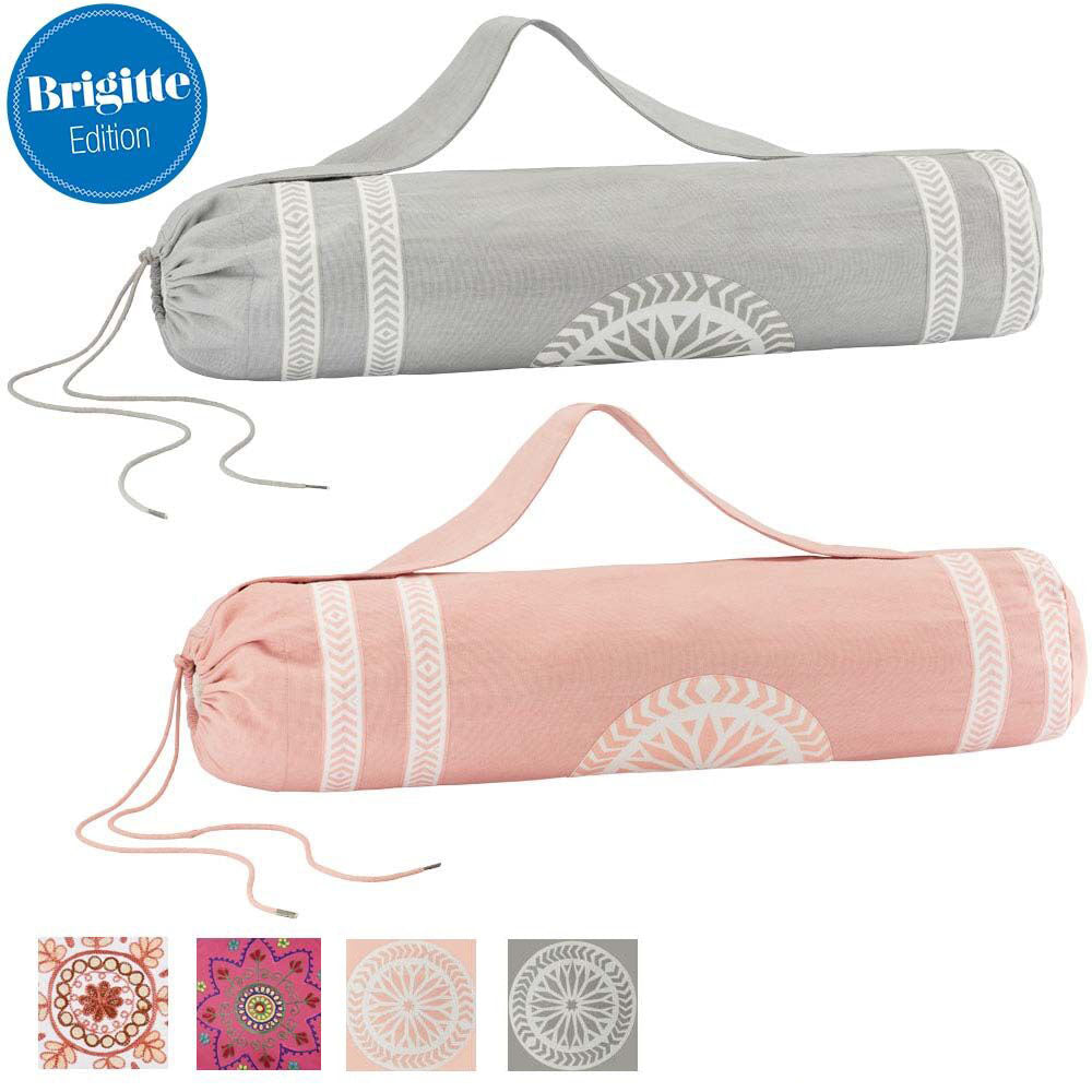 Yogamattentaschen in Grau und Rosa. Unten sind  die fünf verschiedenen Farbkombinationen als kleines Quadrat.