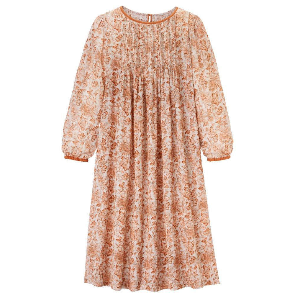 Kleid mit langen Ärmeln, Puffärmeln und gesteppten Biesen vorne. Die Saumeinfassungen sind in uni rot.