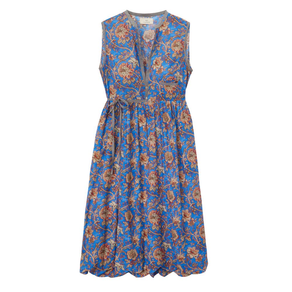ärmelloses blaues Wickelkleid mit braunem Blumenprint und Bindegürrtel