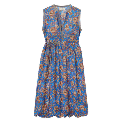 ärmelloses blaues Wickelkleid mit braunem Blumenprint und Bindegürrtel