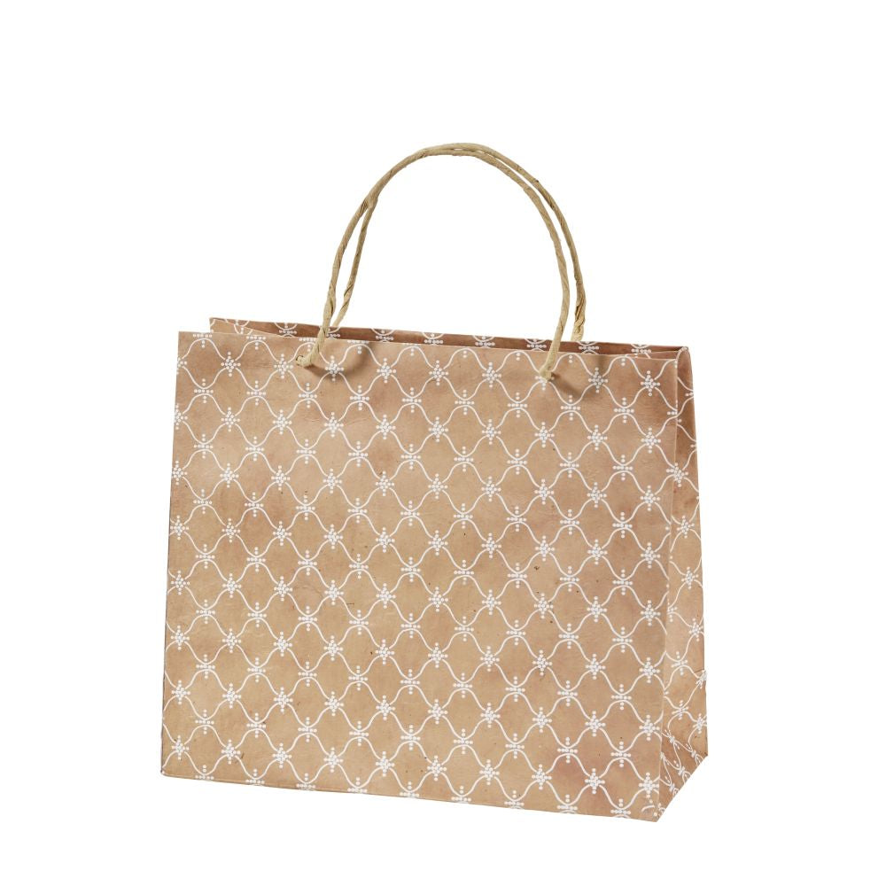 beige Papier-Geschenktasche mit Muster und Henkeln