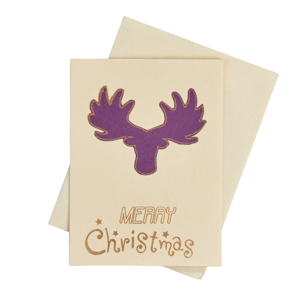 Weihnachtskarte in beige mit gezeichnetem lila Elchkopf und Merry Christmas darunter