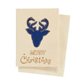 Weihnachtskarte in beige mit gezeichnetem blauem Hirschkopf und Merry Christmas darunter