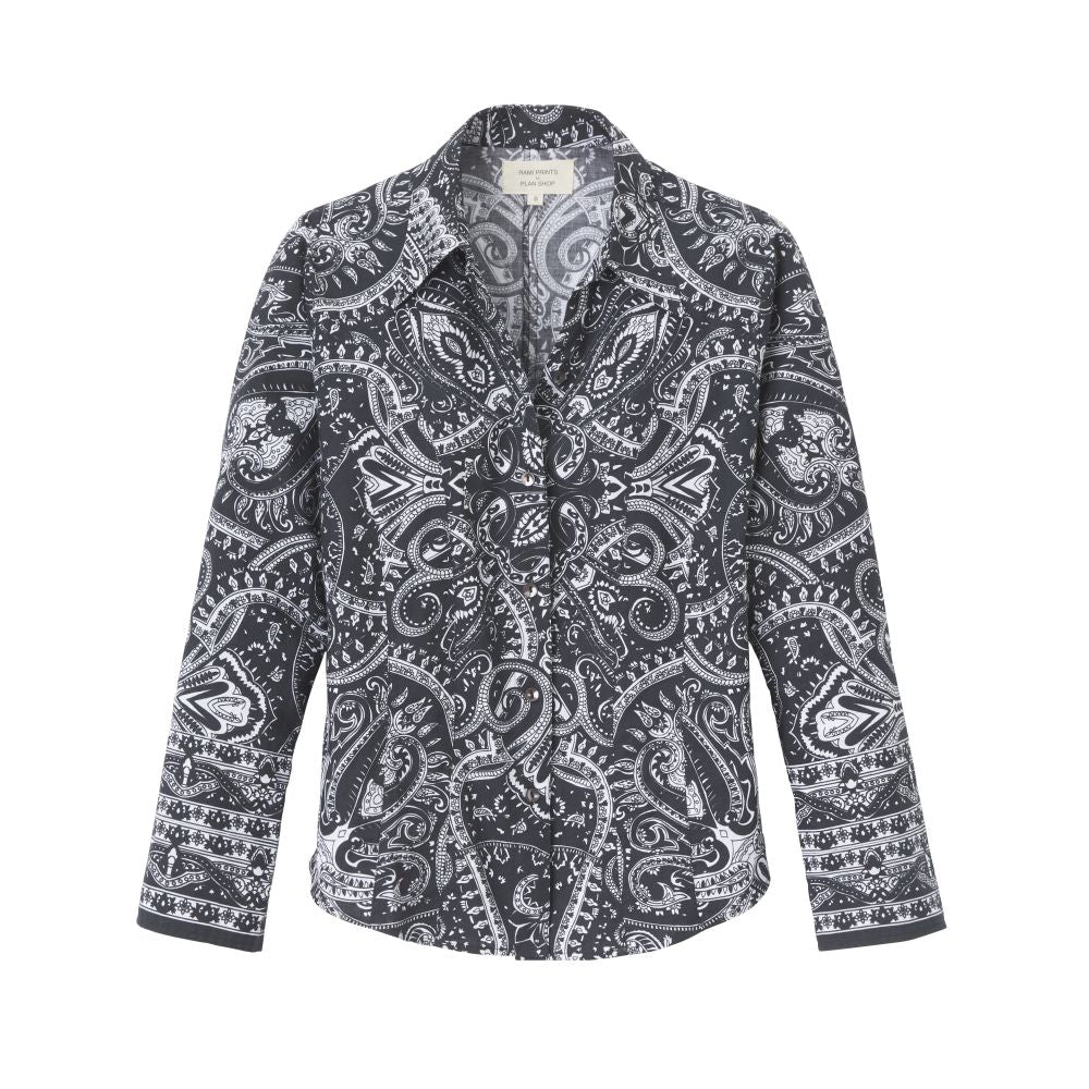 Black, long-sleeved blouse with a white print
