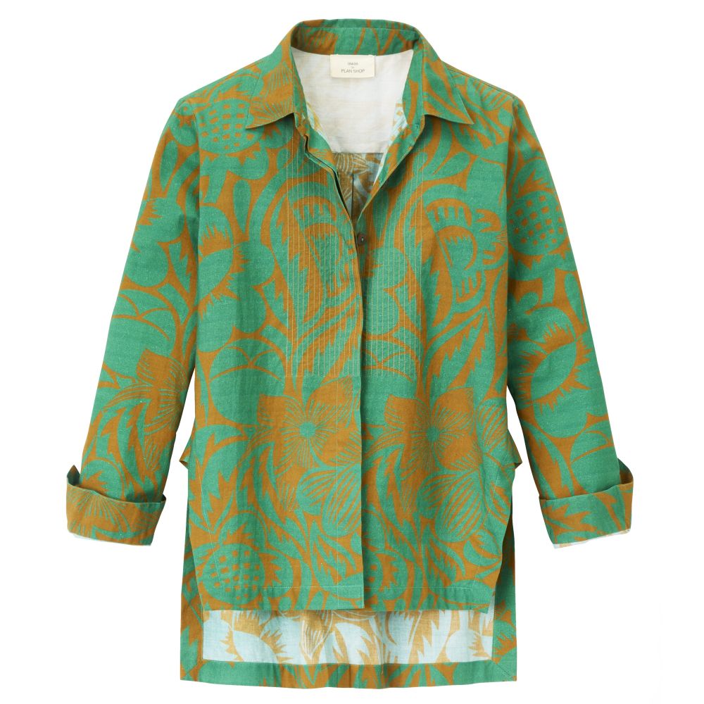 Green button-up blouse with brown leaf print