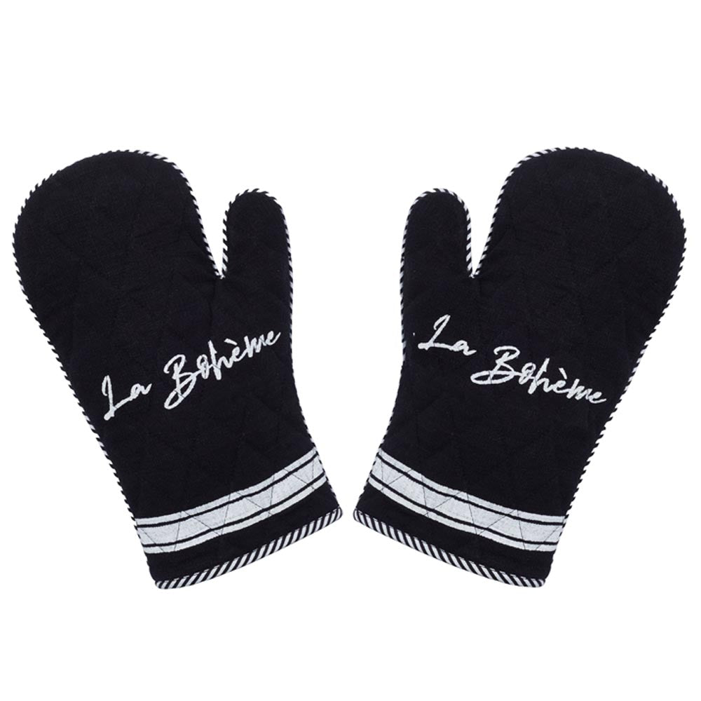 ein Paar Topfhandschuhe mit weißer Schrift und weißem Rand