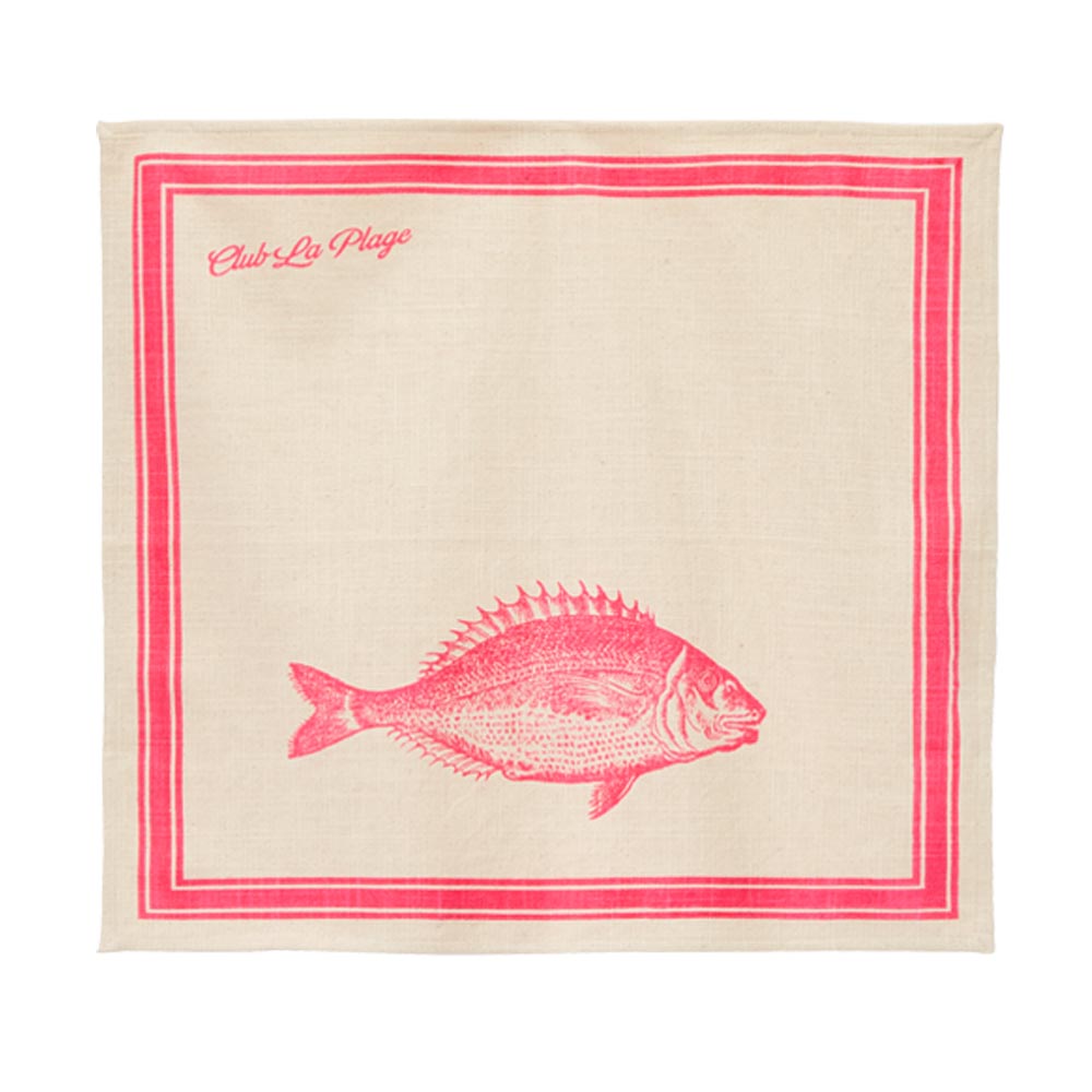weiße Serviette mit rosa Rand und rosafarbigem Fischdruck, links oben eine rosa Aufschrift