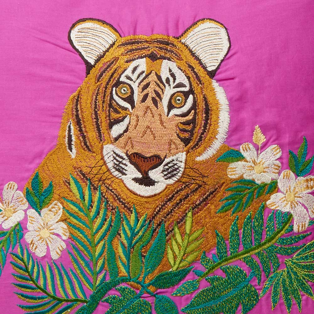 Kissenhülle mit Stickerei, pink, reine Baumwolle, Tigerkopf