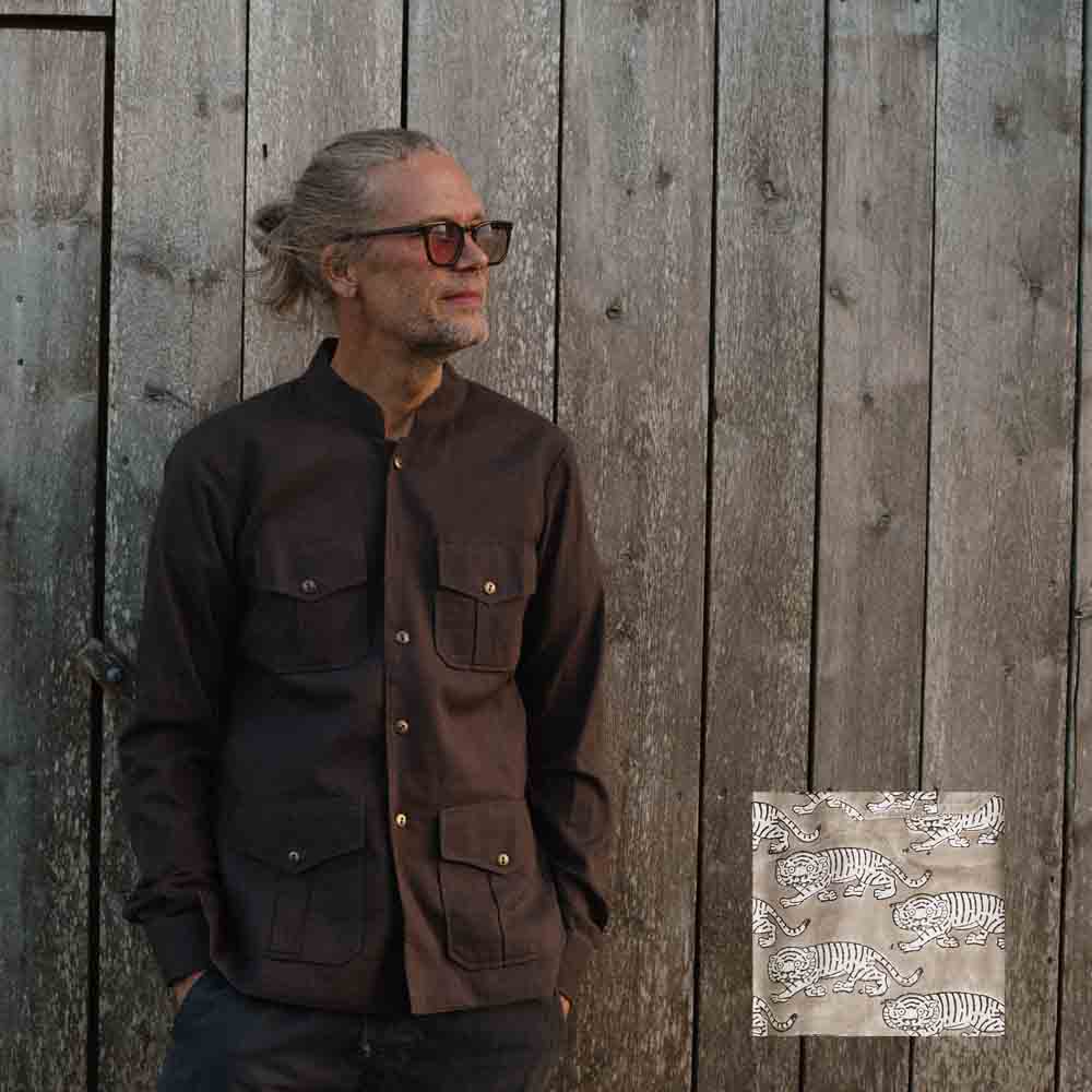 Man wears dark brown button-up jacket, the lower part shows a fabric version in light grey with tiger print
