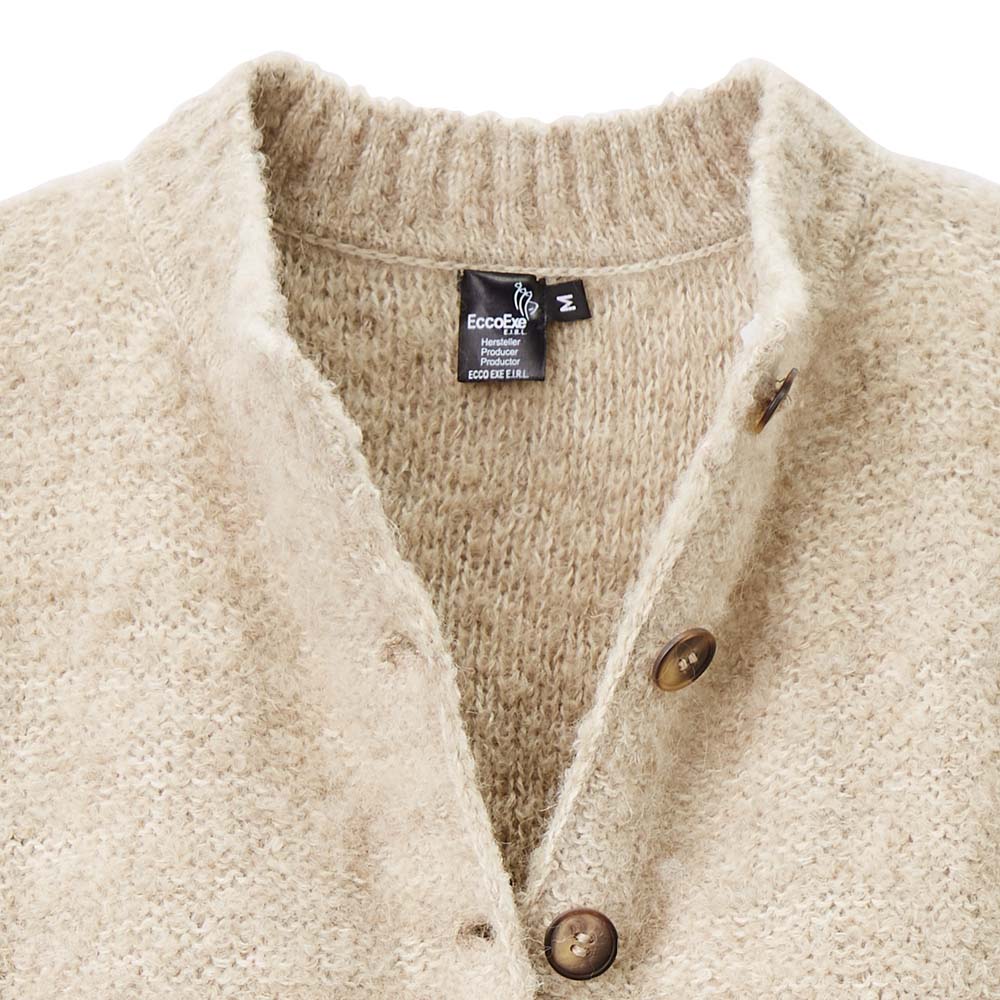 Partial view of the light brown cardigan with manufacturer's label and size in the collar