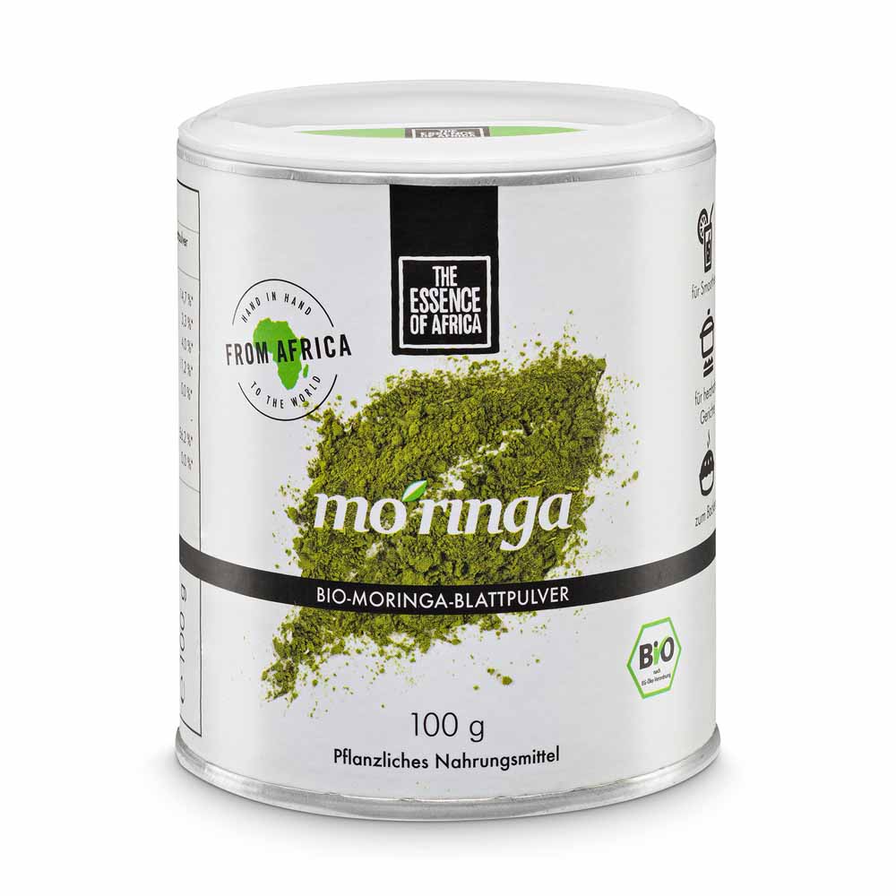 weiße geschlossene Dose mit Aufschrift und Foto von Moringa Pulver