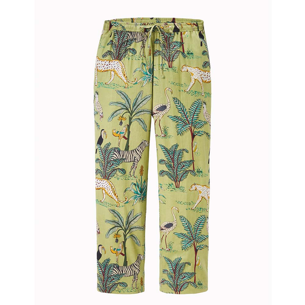 hellgrüne Pyjamahose mit Schnürband im Animal Print