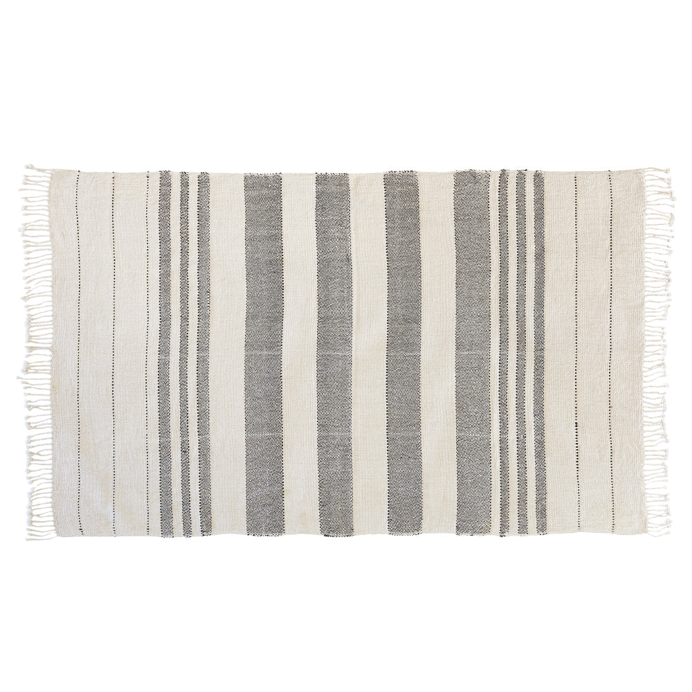 40 x 60 cm beige cushion with black stripes, the cushion has beige fringes on the left and right on the shorter sides