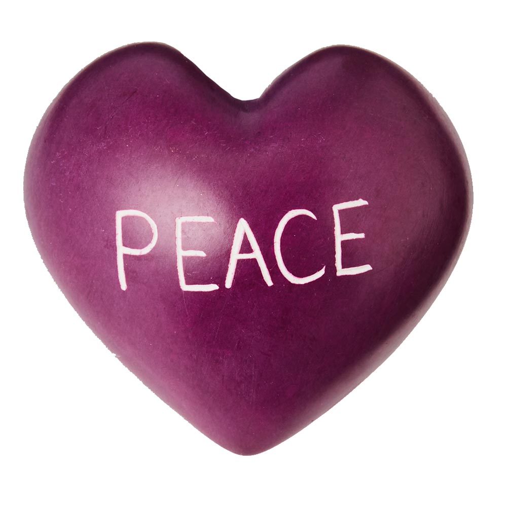 lila Herz mit weißer Schrift "Peace"