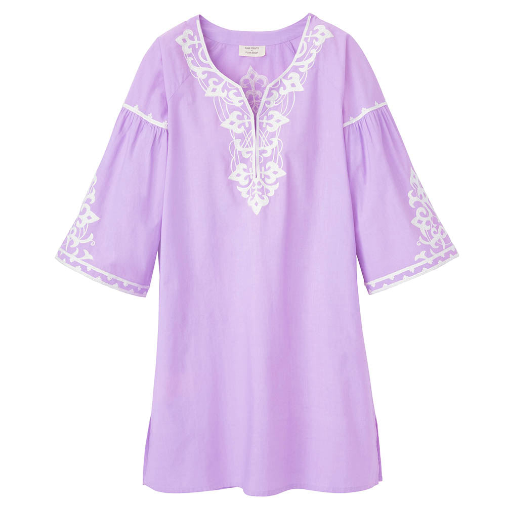 purple summer dress with white embroidery