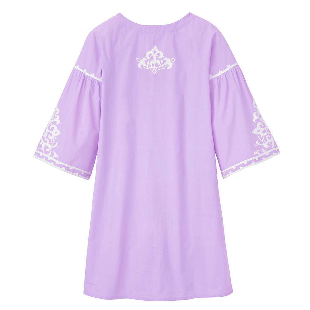 Back view of a lilac summer dress with white embroidery