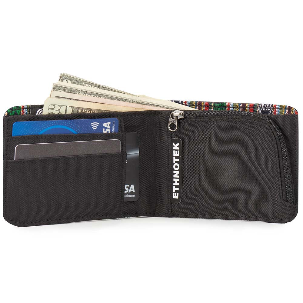 Open wallet, the inner part is black, inside a colourful striped fabric. It contains banknotes and credit cards
