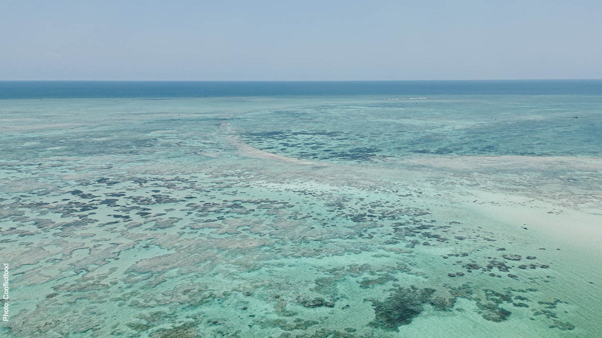Der Indische Ozean an der Küste Kenias. Das Wasser ist türkisblau, während Steine und Sandbänke für dunkle bzw. helle Stellen sorgen.