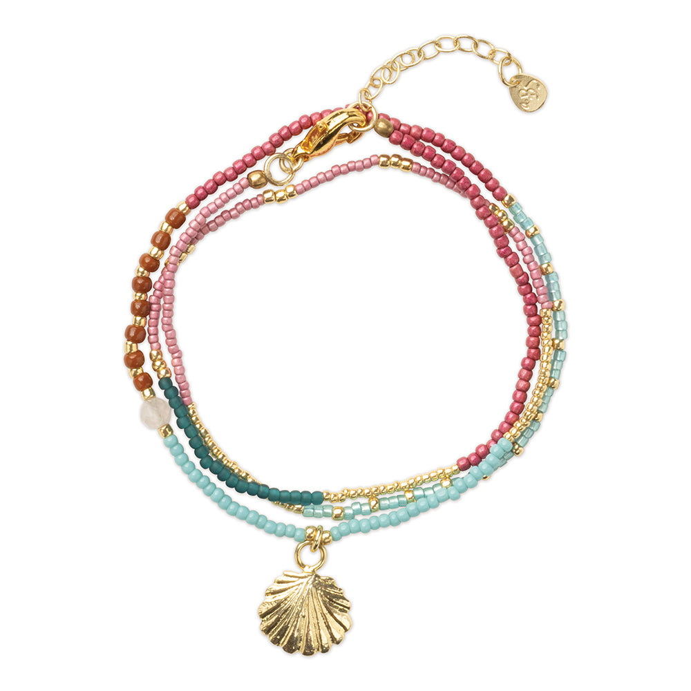 A necklace worn as a bracelet, wrapped three times.
