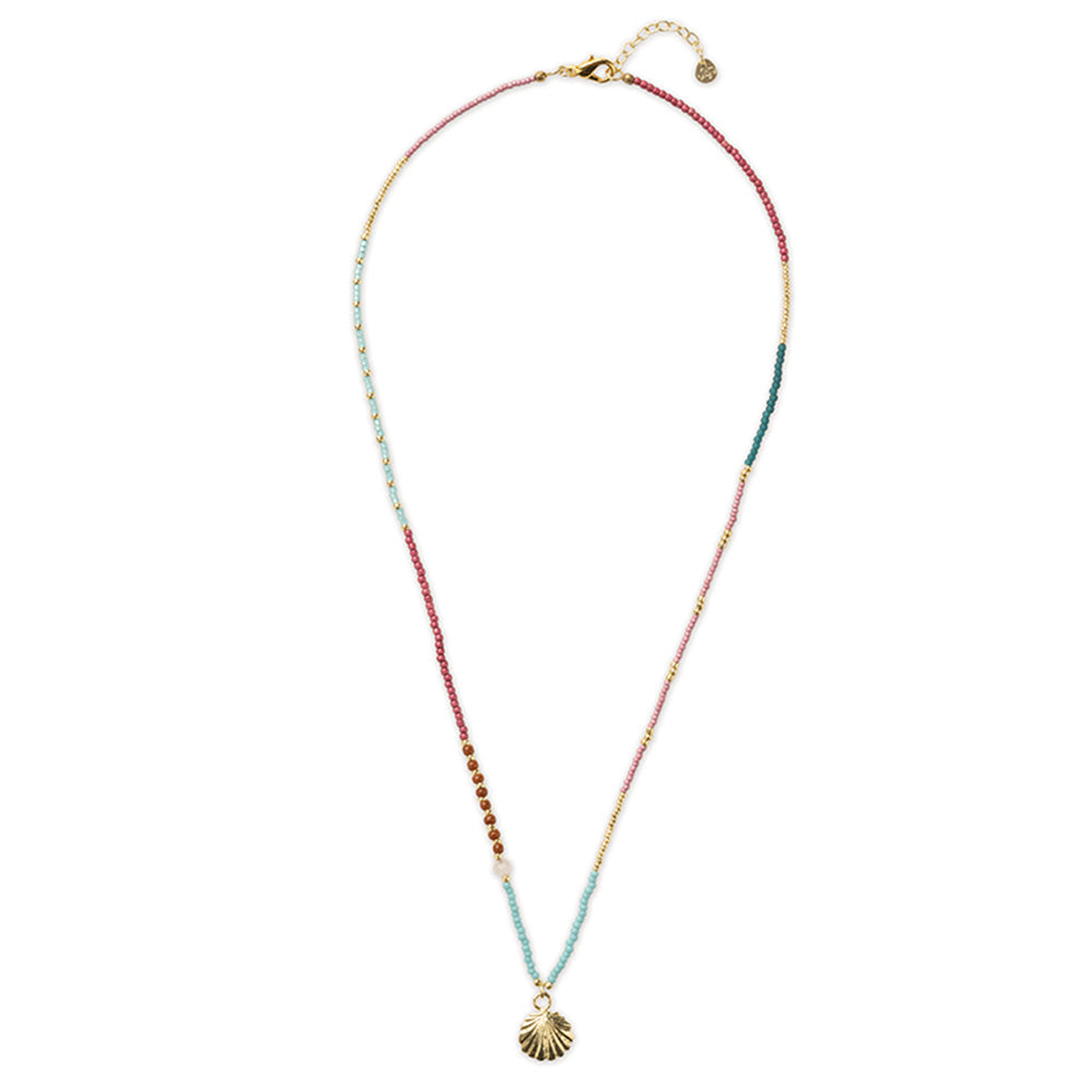 A long necklace with a shell pendant and pearls in various colours.