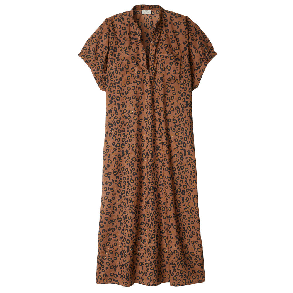 Kleid mit Leo-Print, kurzen Ärmeln und Knopfleiste.
