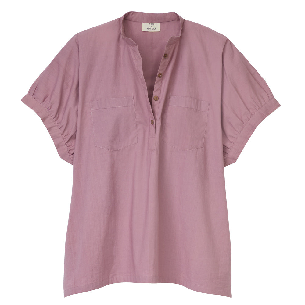 Blouse in plain aubergine with a button placket and short sleeves.