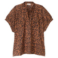 Brown blouse with black leopard print, button placket and short sleeves.