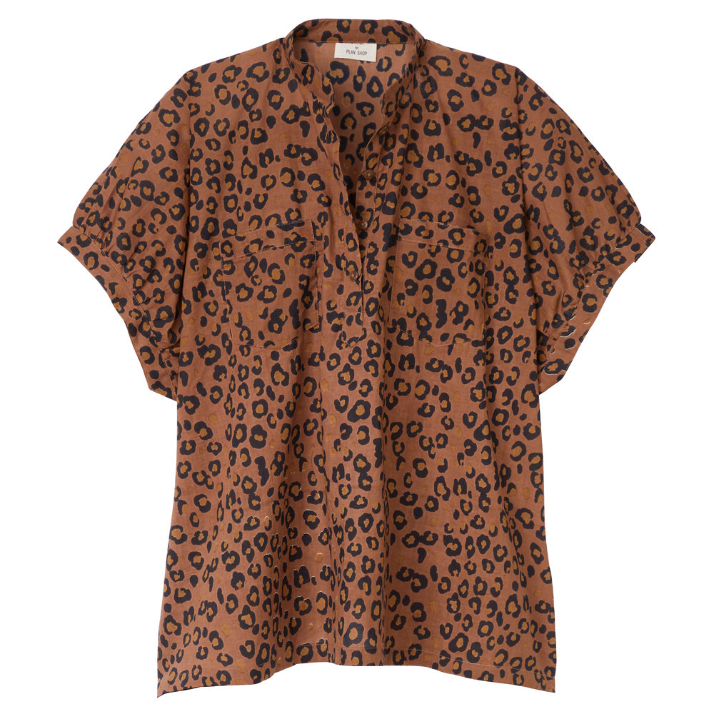 Brown blouse with black leopard print, button placket and short sleeves.