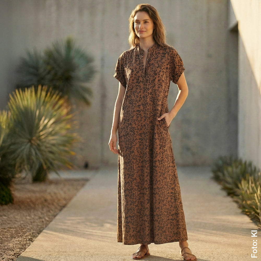 A woman is wearing a leopard-print dress. 