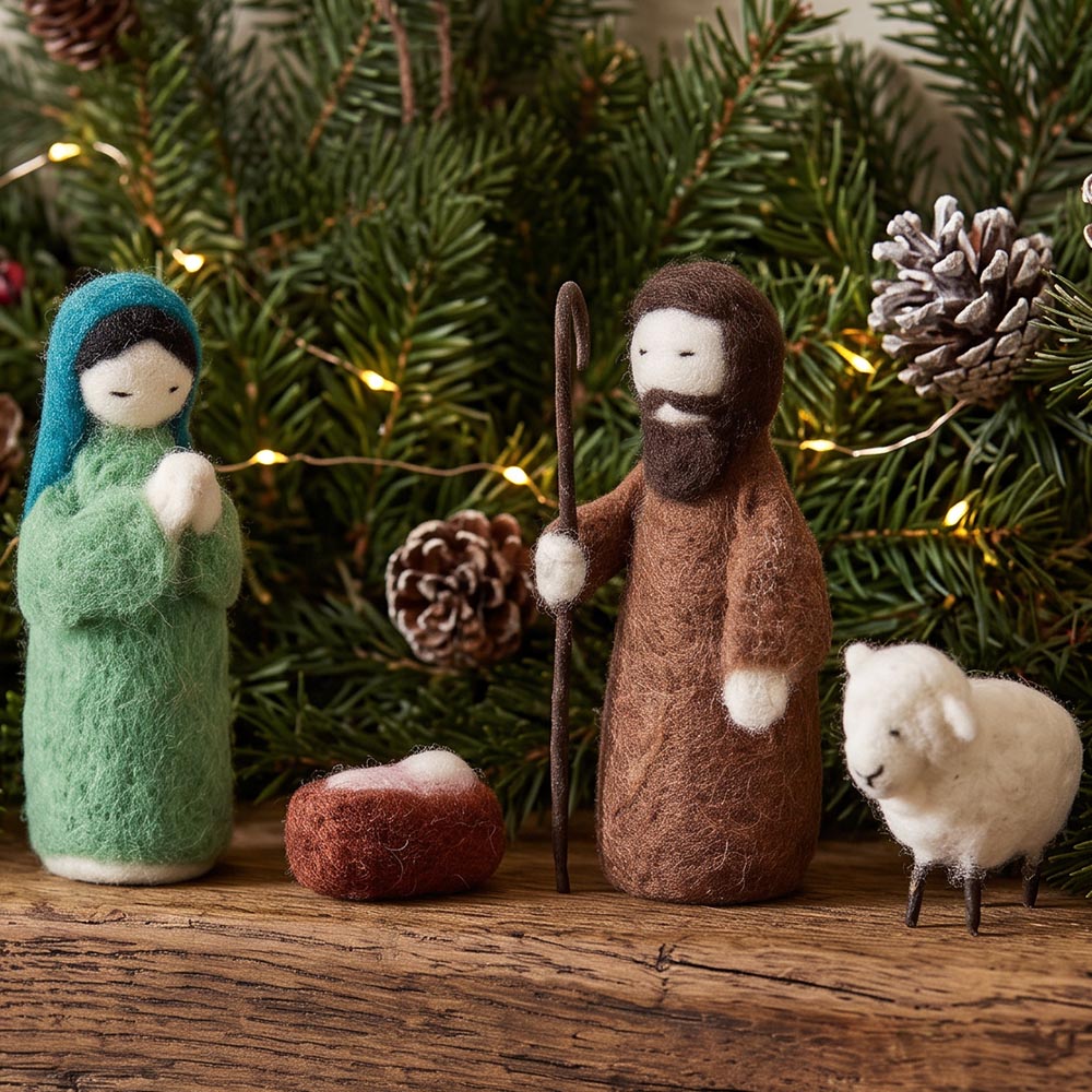 Krippen vor weihnachtlich dekoriert vor weihnachtlich dekorierter Girlande.