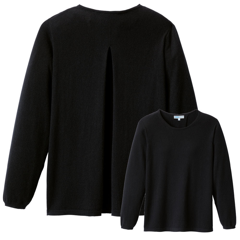Pullover in schwarz Rückansicht mit Kellerfalte und weitem Saum, Vorderansicht schlicht.