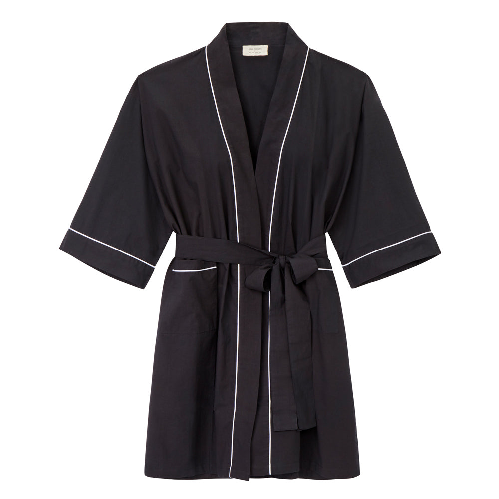 Black kimono with contrasting white stitching and tie belt