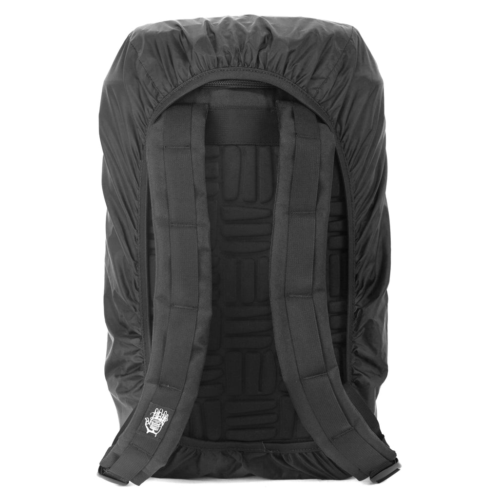 Rear view of a black backpack with a black rain cover stretched over it