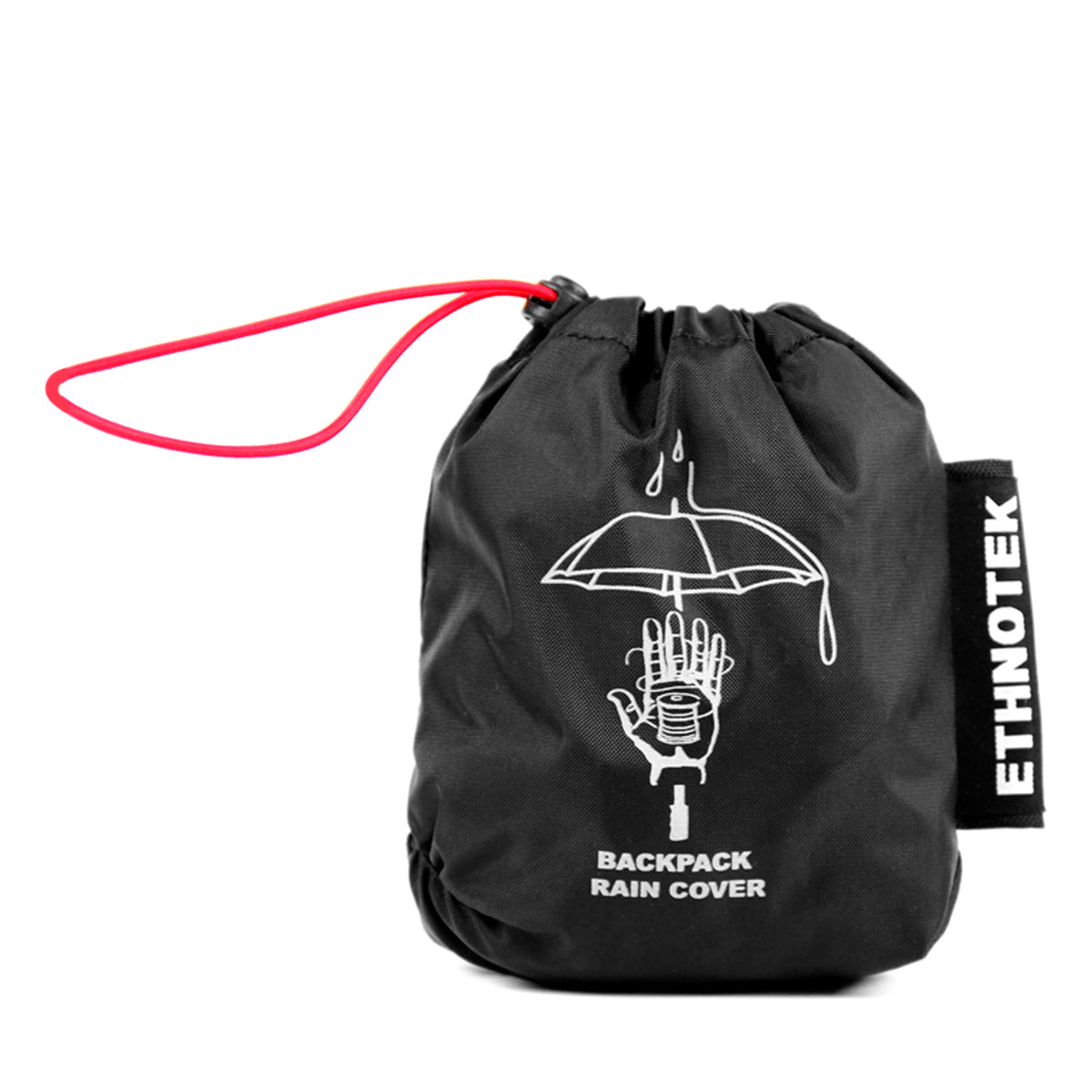Rain cover in black with an umbrella motif and a hand in white with a red drawstring