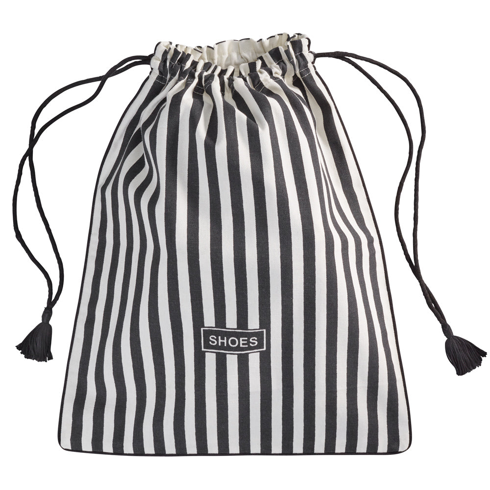 Schuhbeutel mit Kordelzug und Quasten an den Kordelenden.